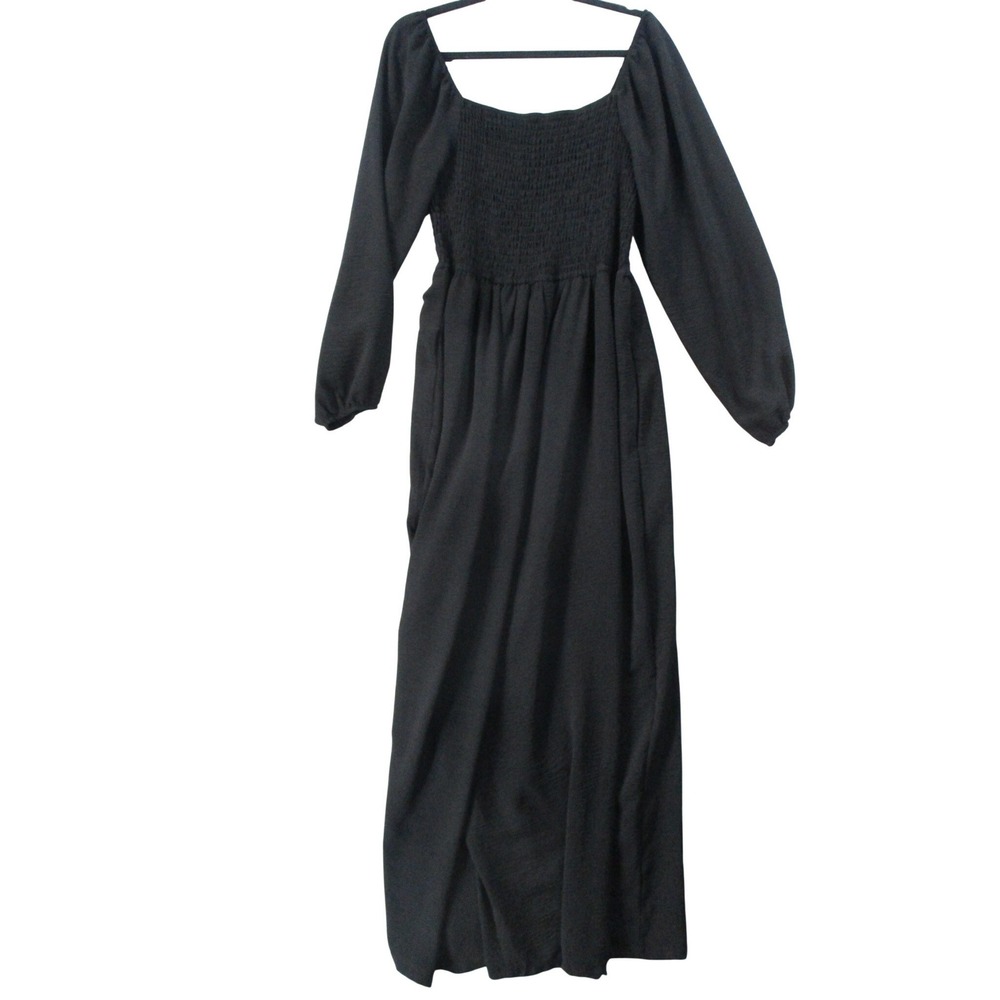 Women Black Smocked Bodice Puff Sleeve Wide Leg Jumpsuit Square Neck Long Sleeve